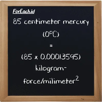 How to convert centimeter mercury (0<sup>o</sup>C) to kilogram-force/milimeter<sup>2</sup>: 85 centimeter mercury (0<sup>o</sup>C) (cmHg) is equivalent to 85 times 0.00013595 kilogram-force/milimeter<sup>2</sup> (kgf/mm<sup>2</sup>)